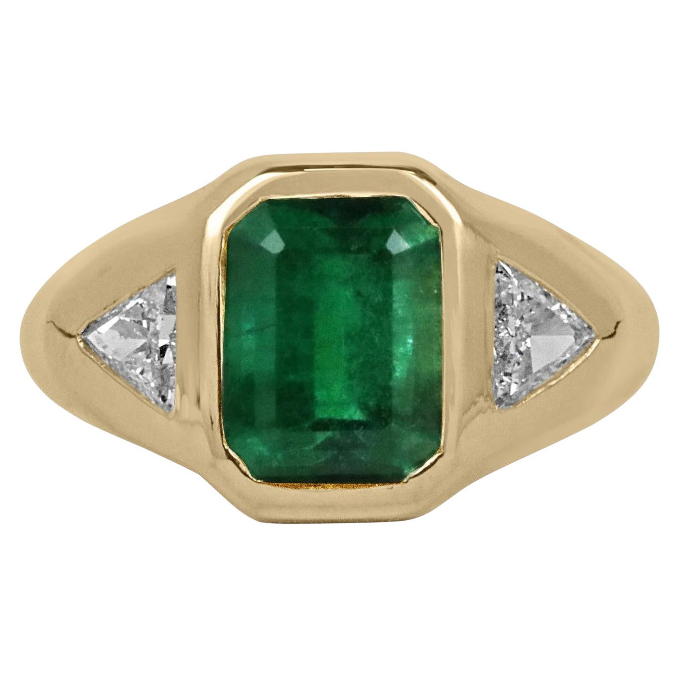 3.24tcw AAA+ Three Stone Green Emerald & Trillion Diamond Unisex Gypsy Ring 18K