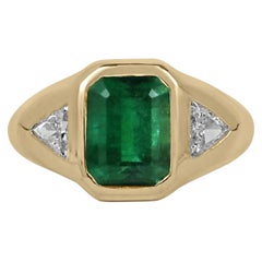 3(24tcw AAA+ Three Stone Green Emerald & Trillion Diamond Unisex Gypsy Ring 18K