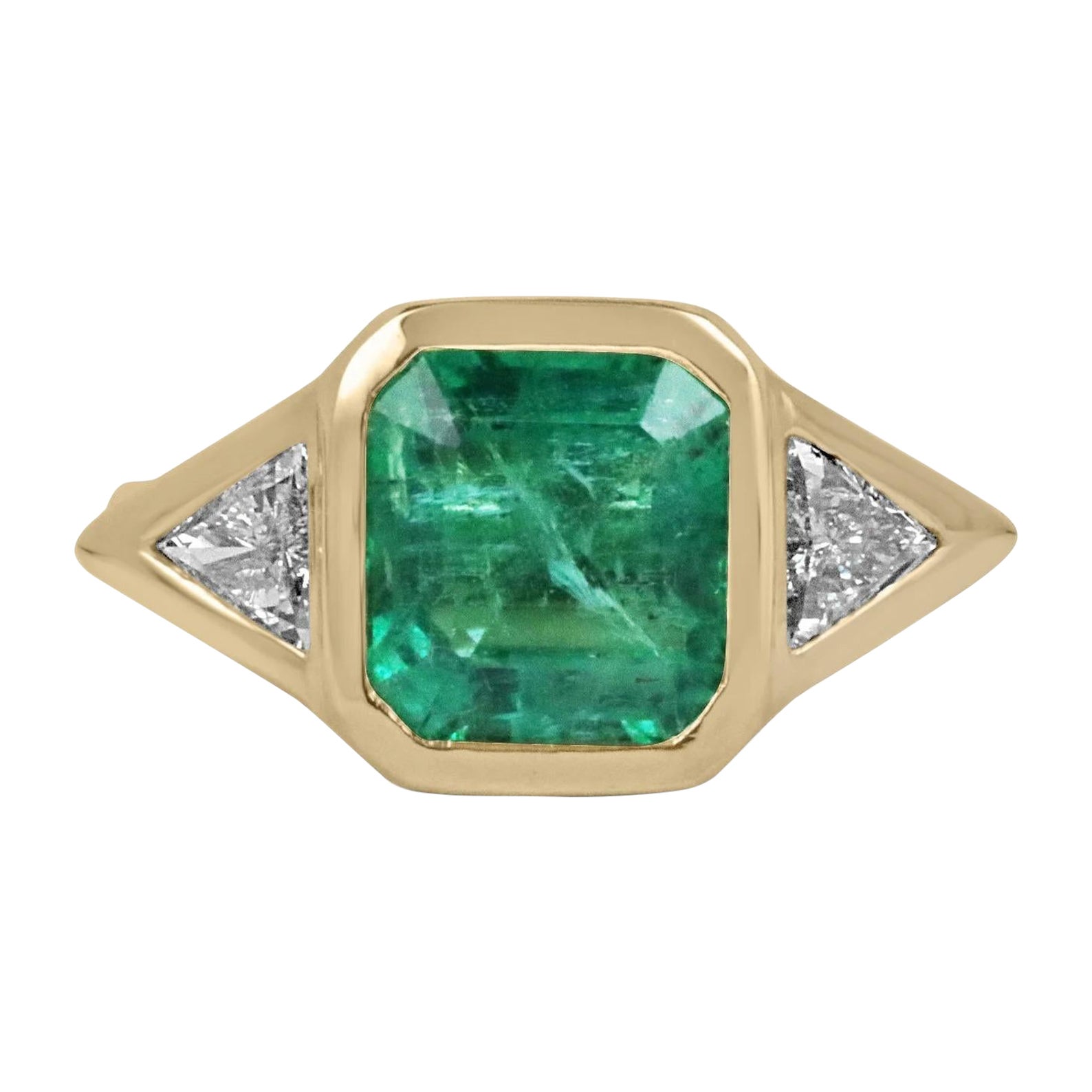 3.66tcw High Quality Three Stone Emerald & Trillion Diamond Bezel Set Ring 18K For Sale
