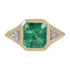 3.66tcw High Quality Three Stone Emerald & Trillion Diamond Bezel Set Ring 18K