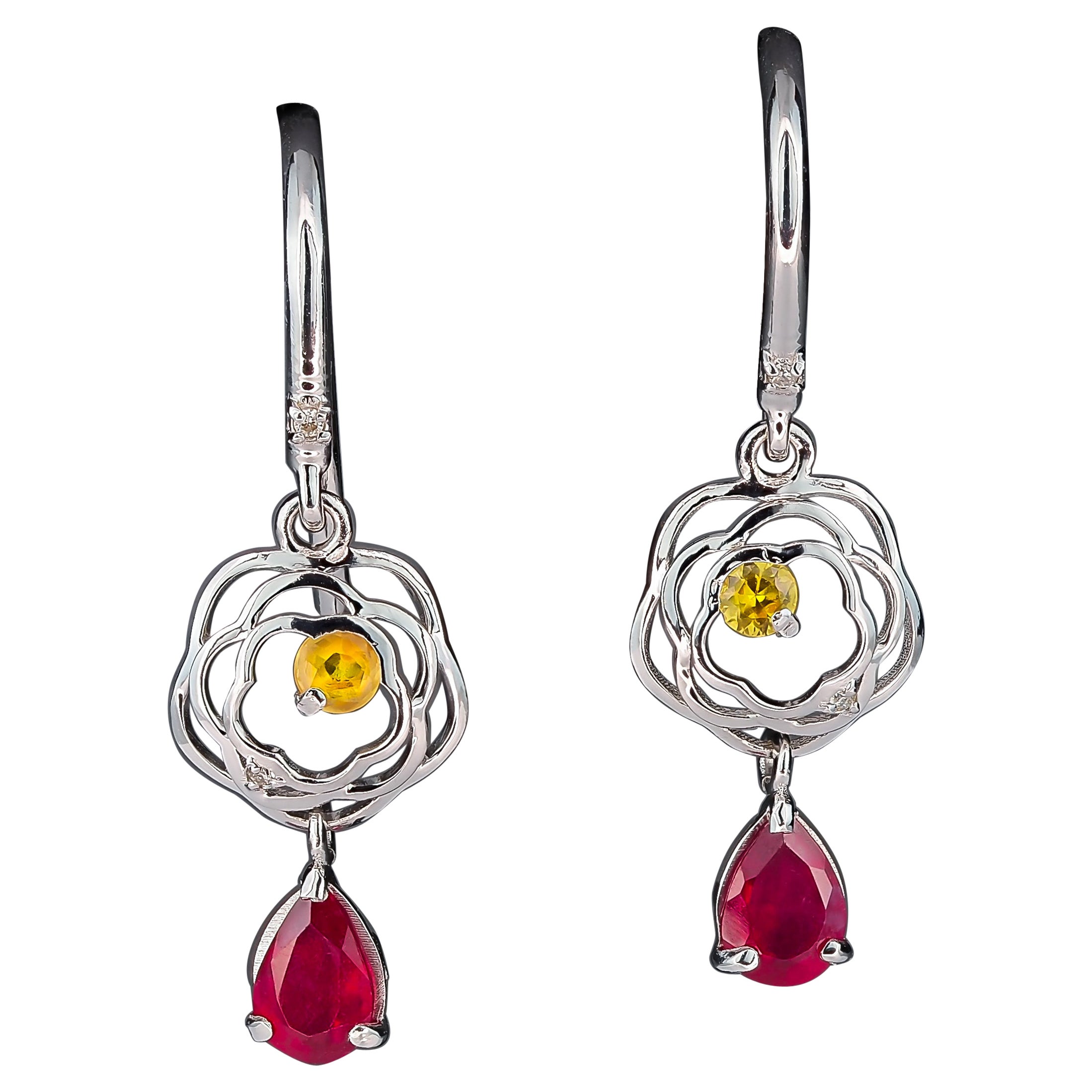 Pear Ruby Drop Earrings in 14k Gold, Natural Ruby Earrings