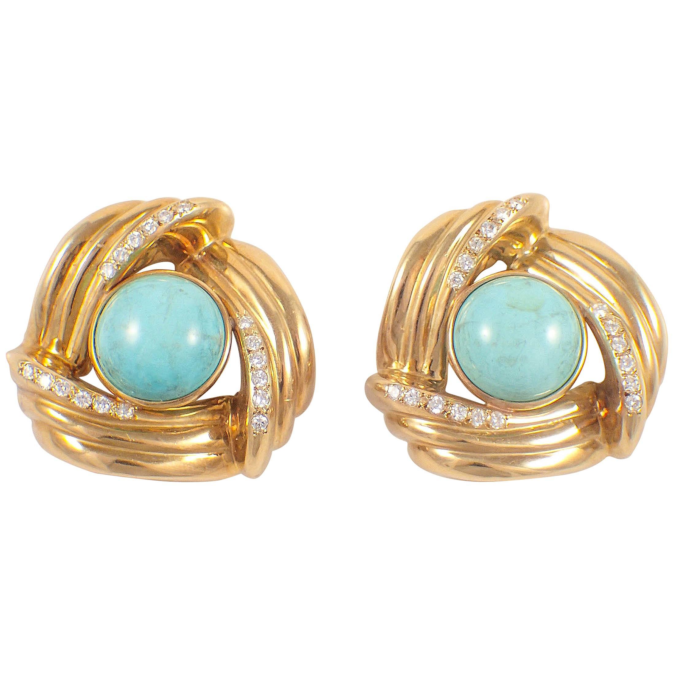 Turquoise Diamond Gold Earrings  For Sale