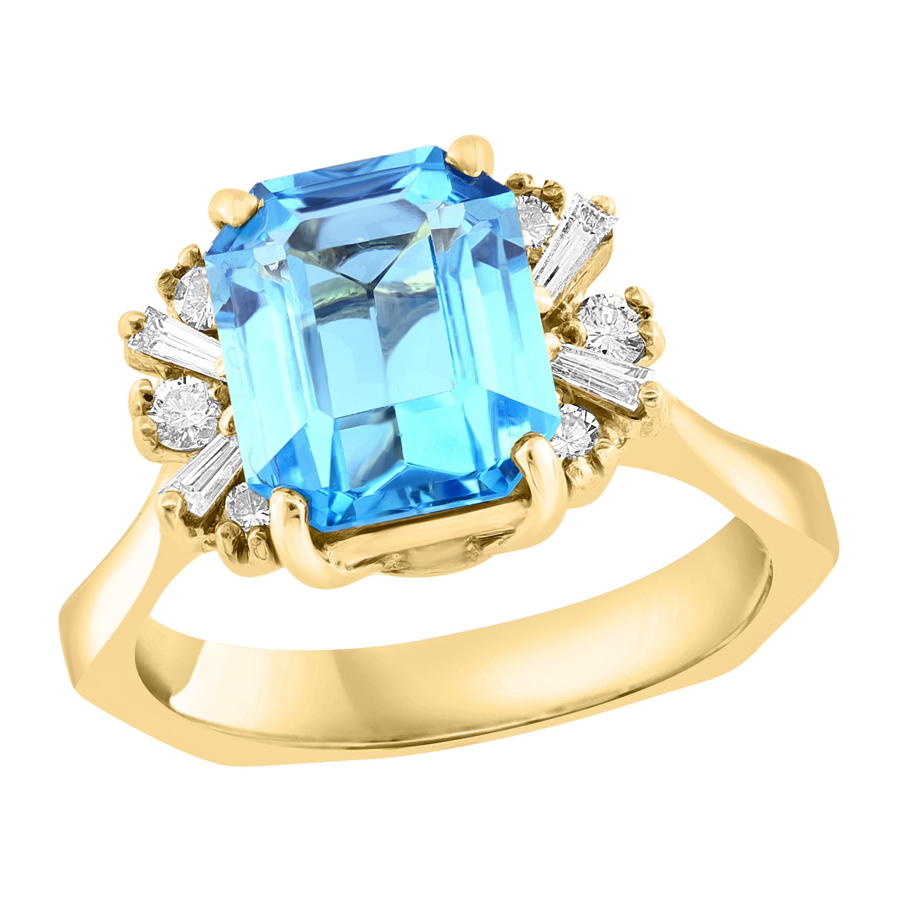 3.98 Carat Emerald Cut Blue Topaz and Diamond Ring in 14K Yellow Gold For Sale
