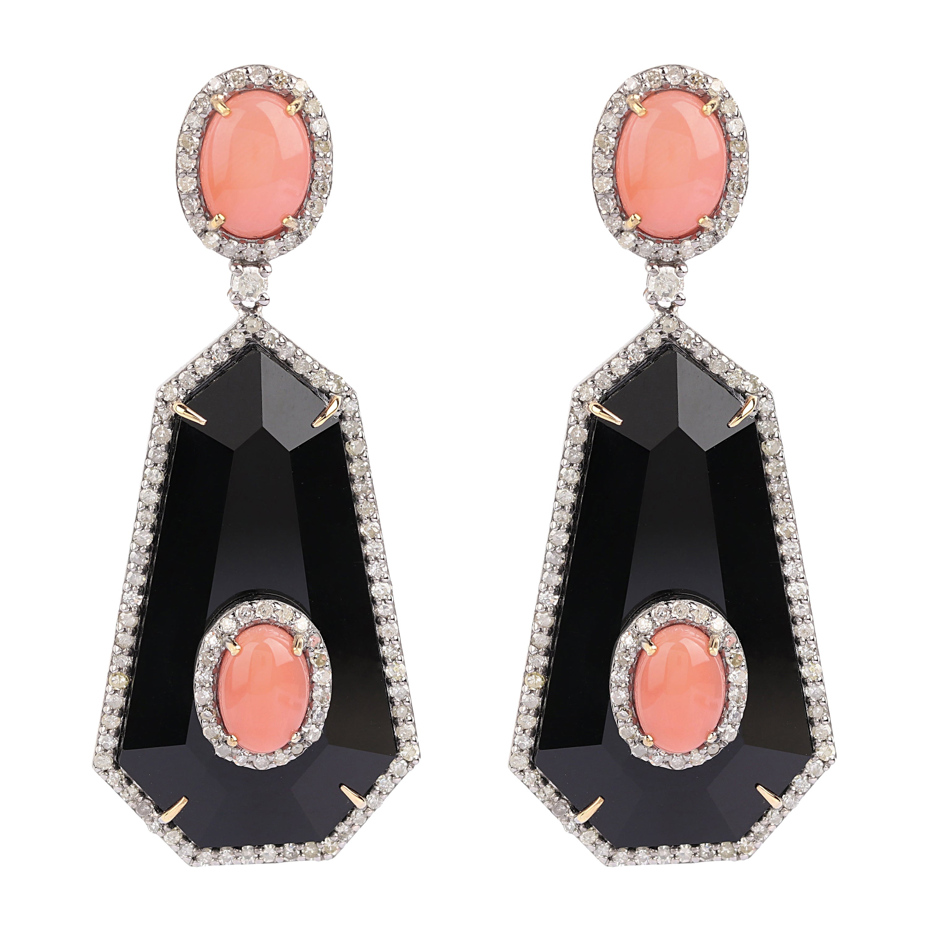 27.20 Carats Diamond, Coral, and Black Onyx Drop Earrings in Modern Style