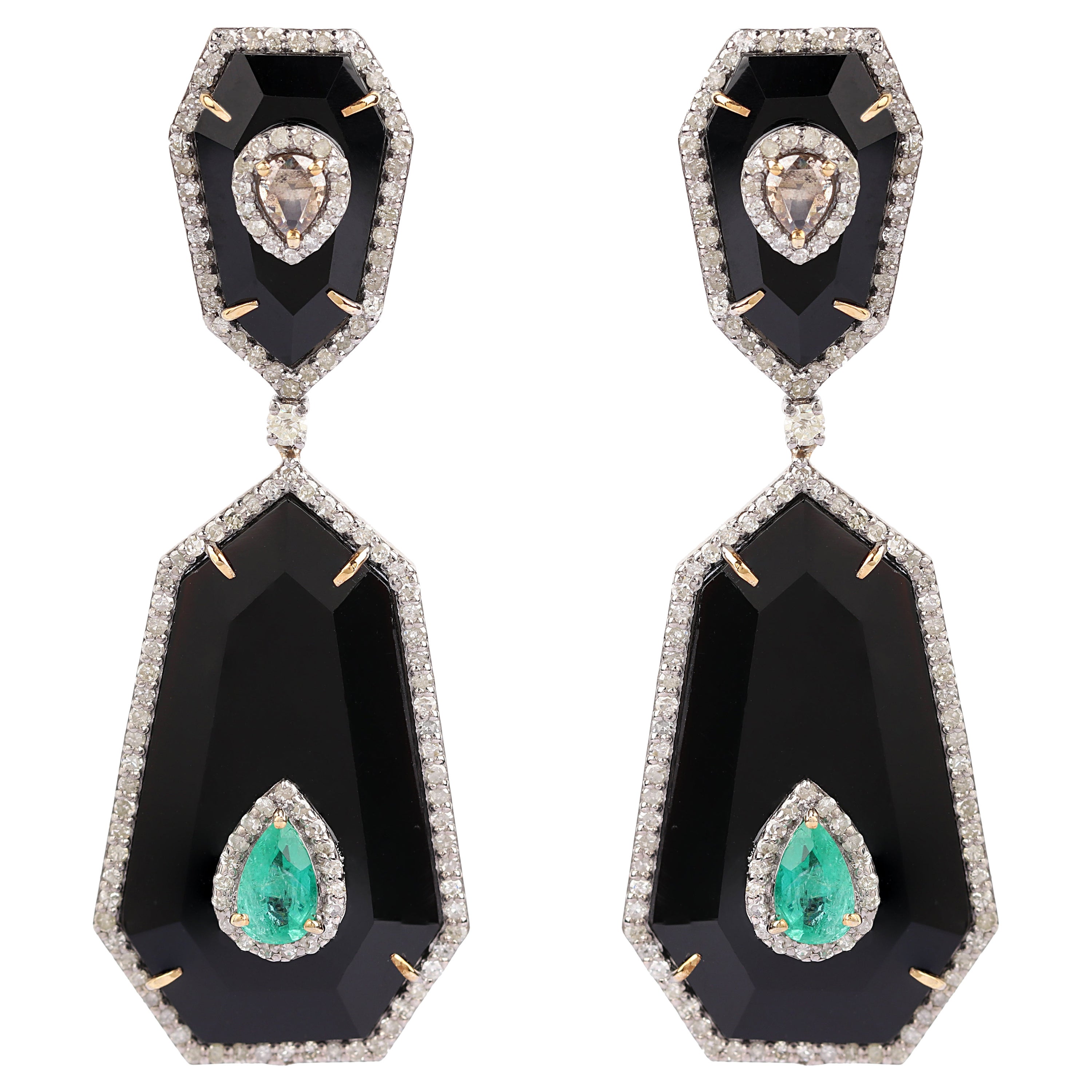 26.97 Carats Diamond, Emerald, and Black Onyx Drop Earrings in Modern Style For Sale