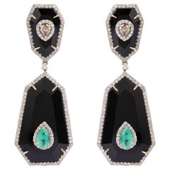 26.97 Carats Diamond, Emerald, and Black Onyx Drop Earrings in Modern Style