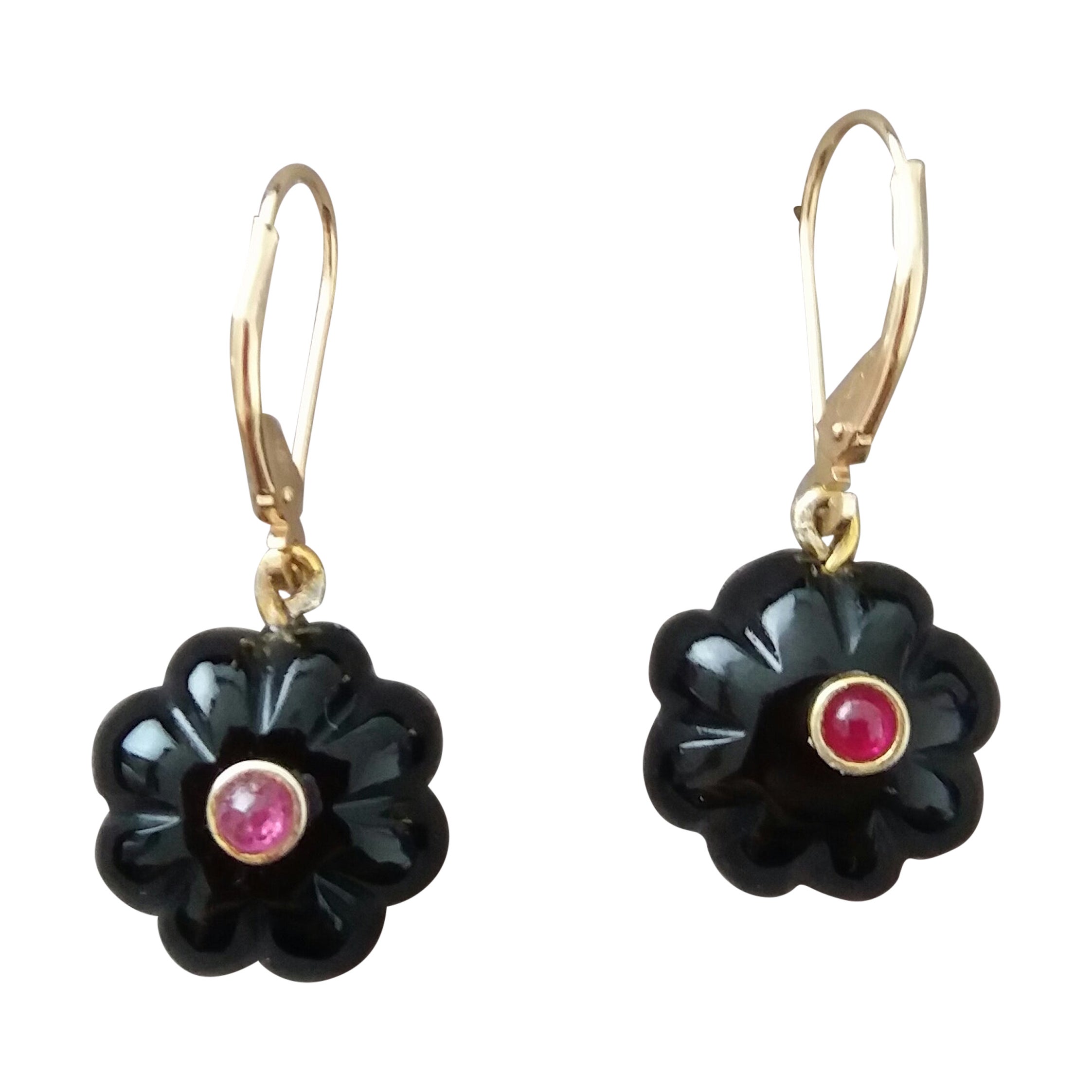 Black Onyx Round Carved Buttons Ruby Cabs 14k Yellow Gold Dangle Earrings For Sale