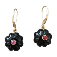 Black Onyx Round Carved Buttons Ruby Cabs 14k Yellow Gold Dangle Earrings
