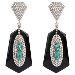 18.00 Carats Diamond, Emerald, and Black Onyx Drop Earrings in Art-Deco Style