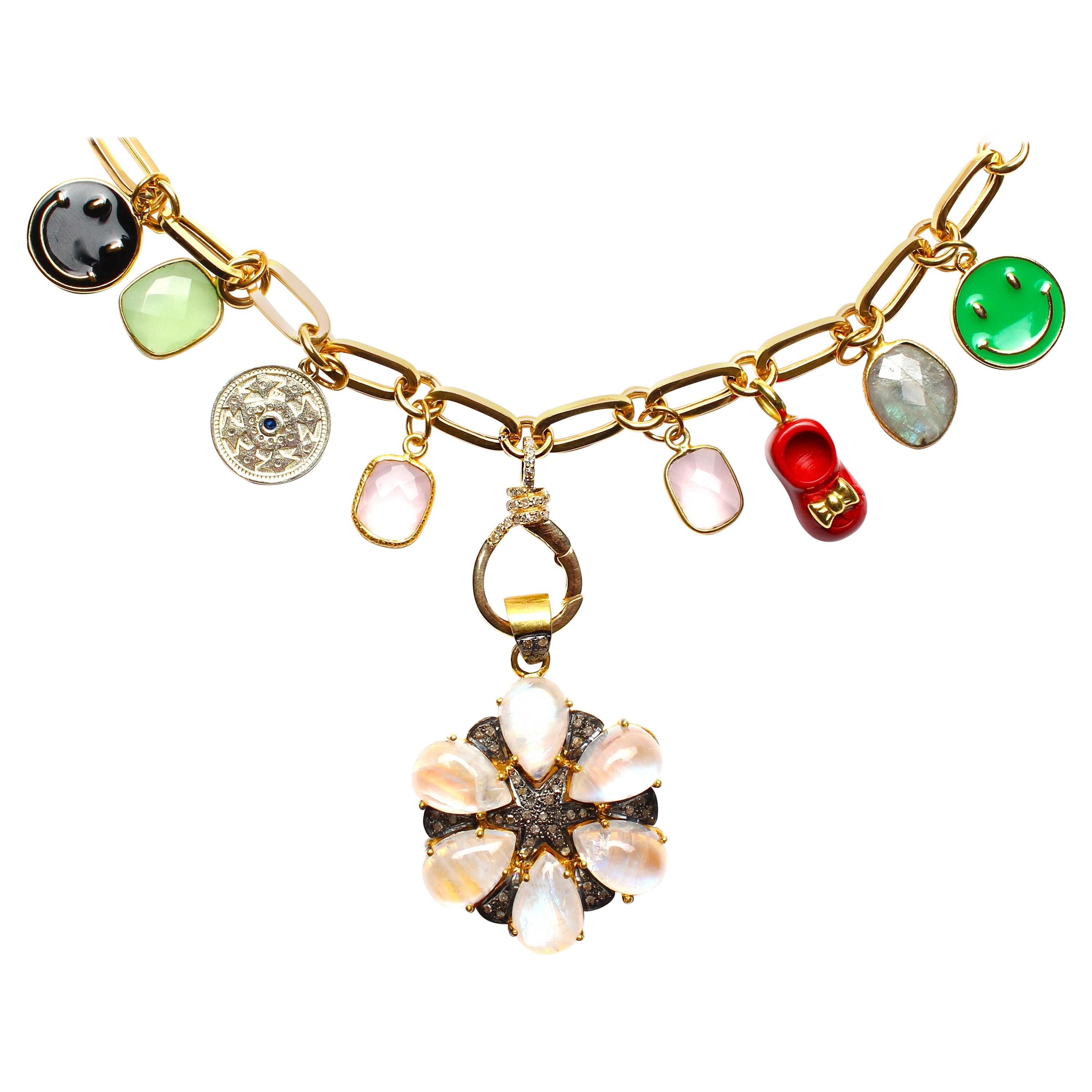 CLARISSA BRONFMAN Multi Color Charm Paper Clip Gold Necklace & Moonstone Flower  For Sale