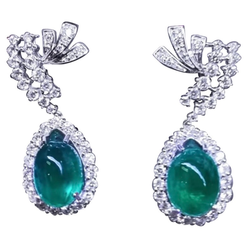 AIG Certified 17.78 Ct Zambia Emeralds 3.94 Ct Diamonds 18k Gold Earrings 
