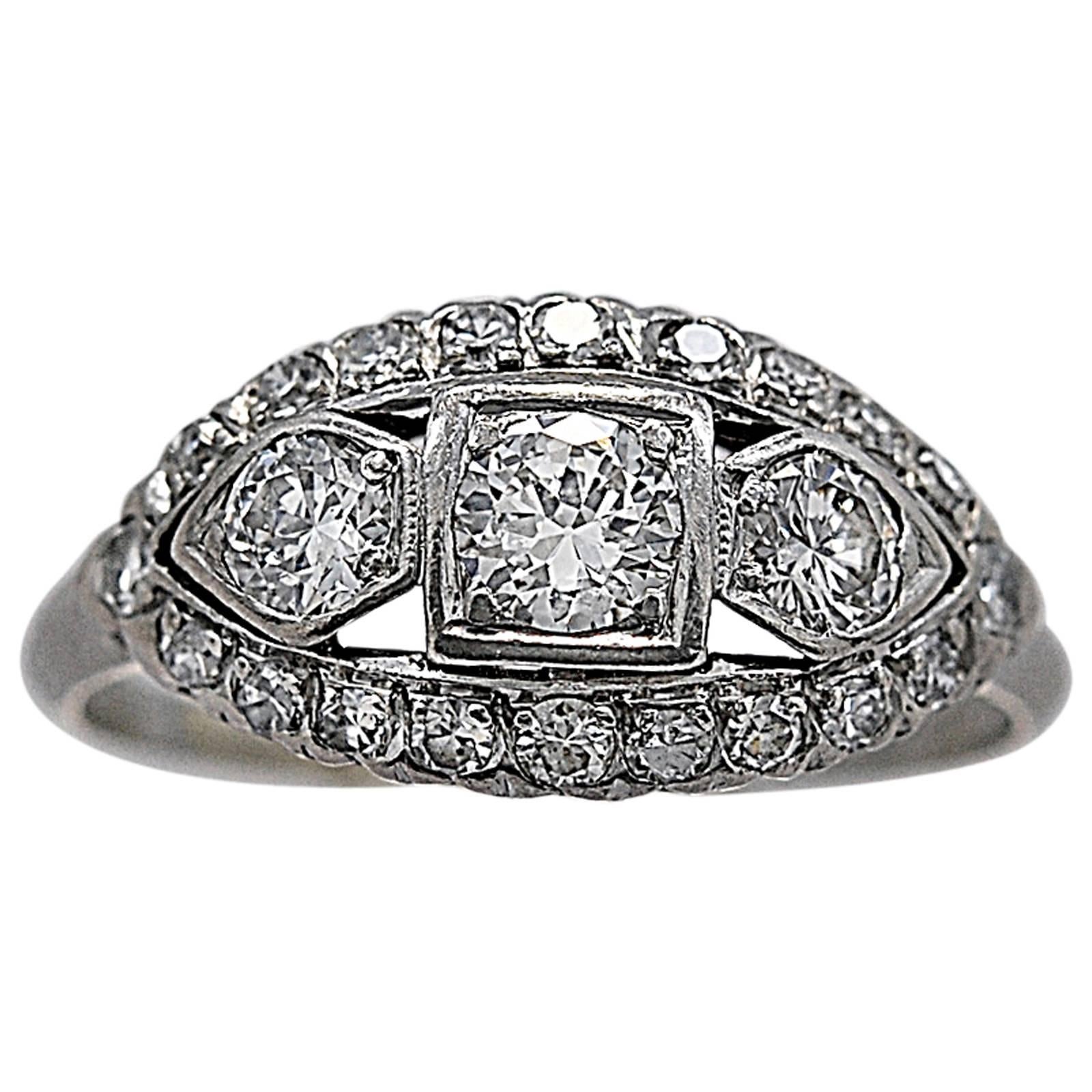 Art Deco Diamond Platinum Three Stone Engagement Ring
