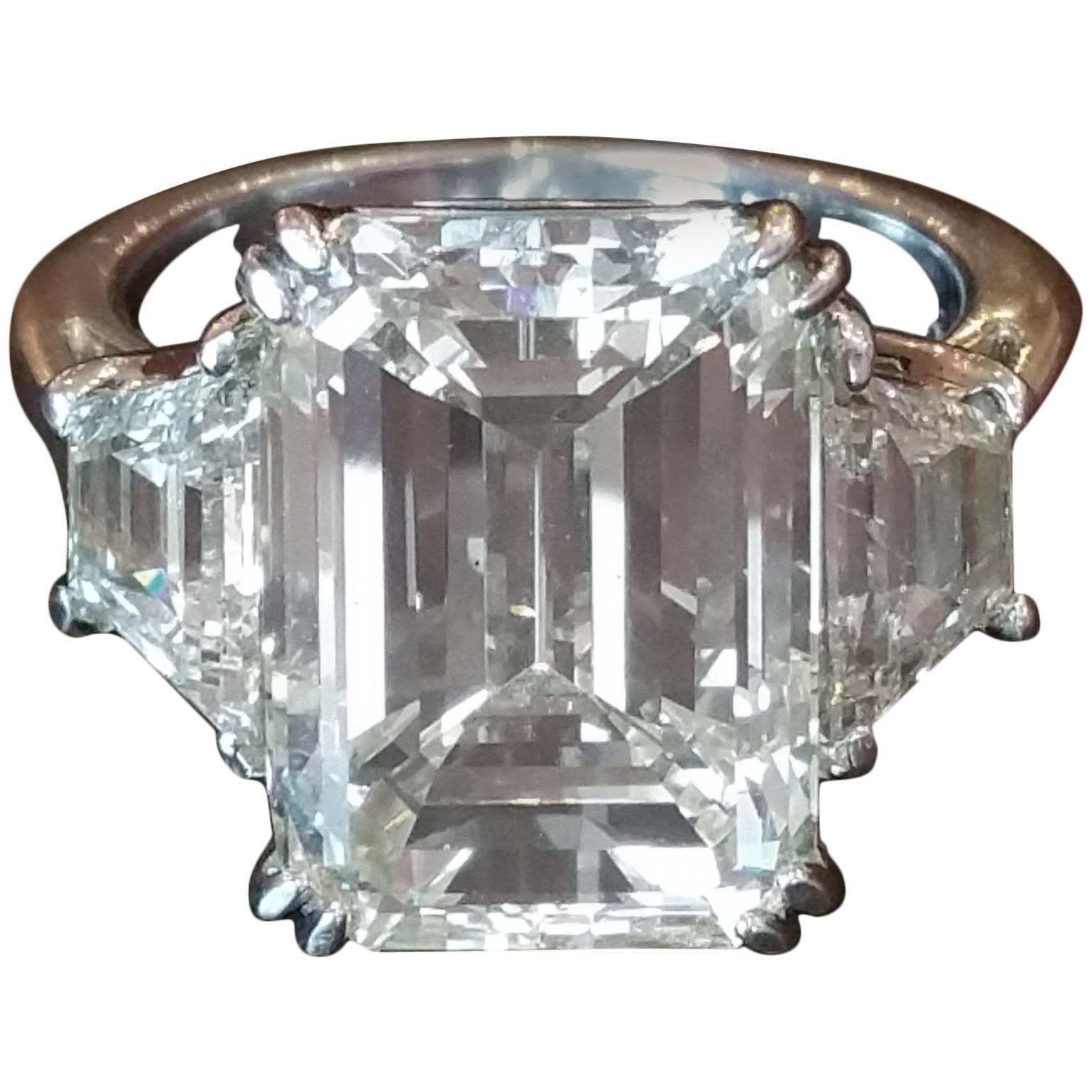 10.02 Carat GIA Cert Center Emerald Cut Three-stone Diamond Platinum Ring  For Sale