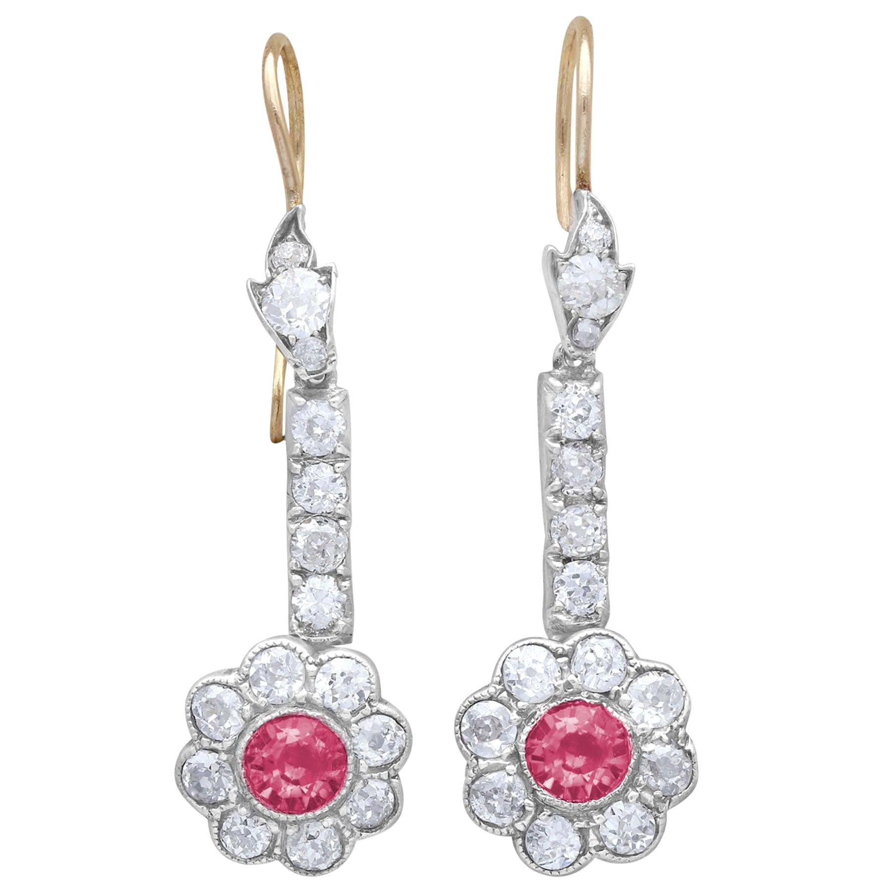 2.42 Carat Diamond and 1.05 Carat Pink Sapphire Drop Earrings For Sale