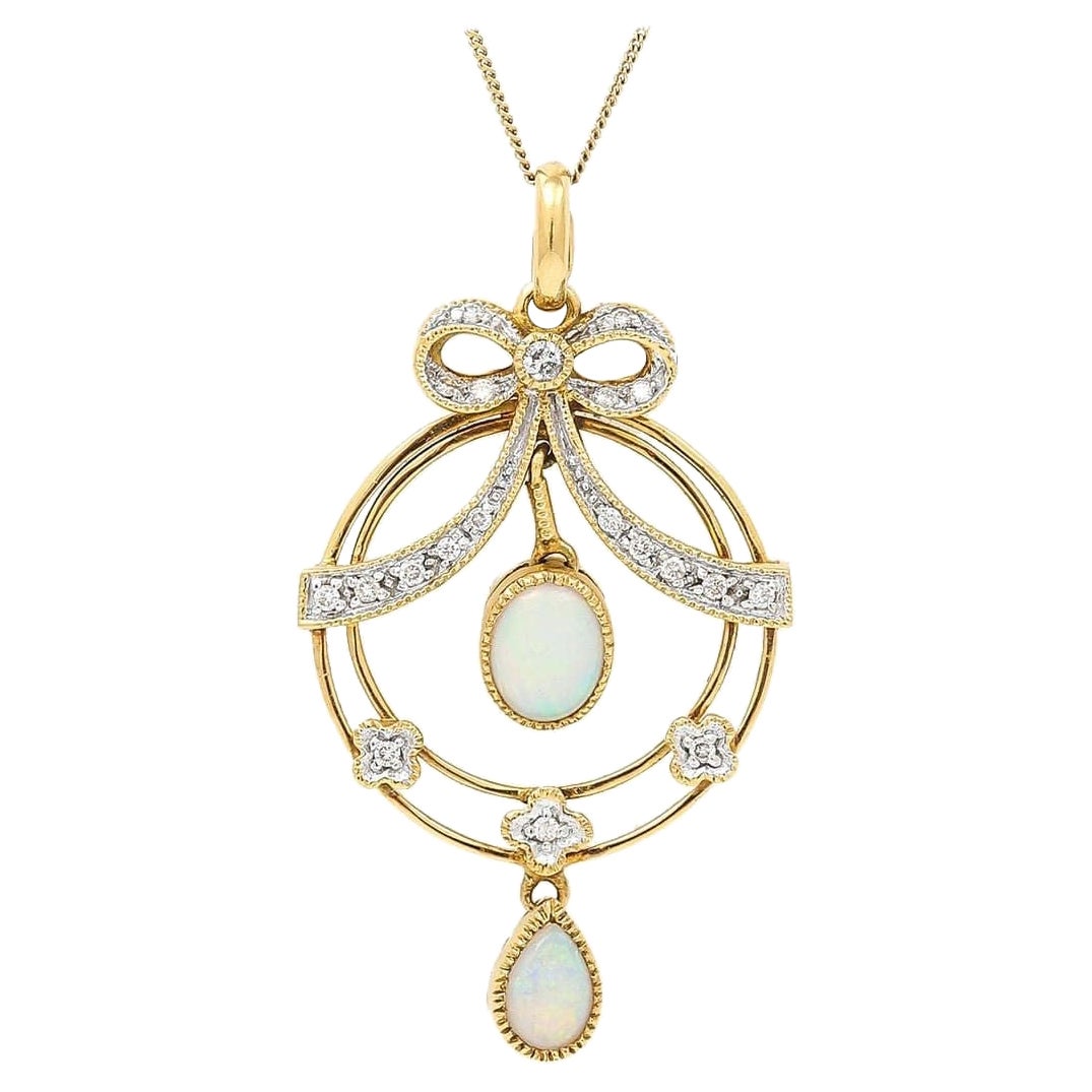 Art Nouveau Style Opal and Diamond Drop Pendant For Sale