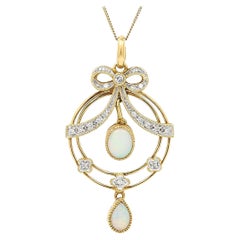 Art Nouveau Style Opal and Diamond Drop Pendant