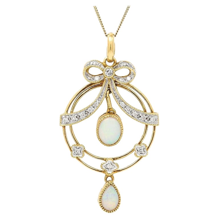 Art Nouveau Style Opal and Diamond Drop Pendant For Sale at 1stDibs