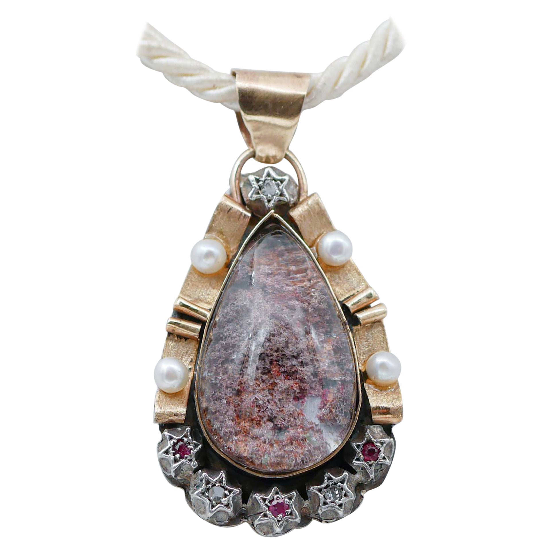 Diamonds, Rubies, Musk Quartz, Pearls, Rose Gold and Silver Pendant Necklace. For Sale