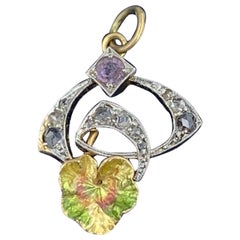 Art Nouveau Rose Cut Diamond Lily Pad Pendant Amethyst Enamel Charm 14K Gold