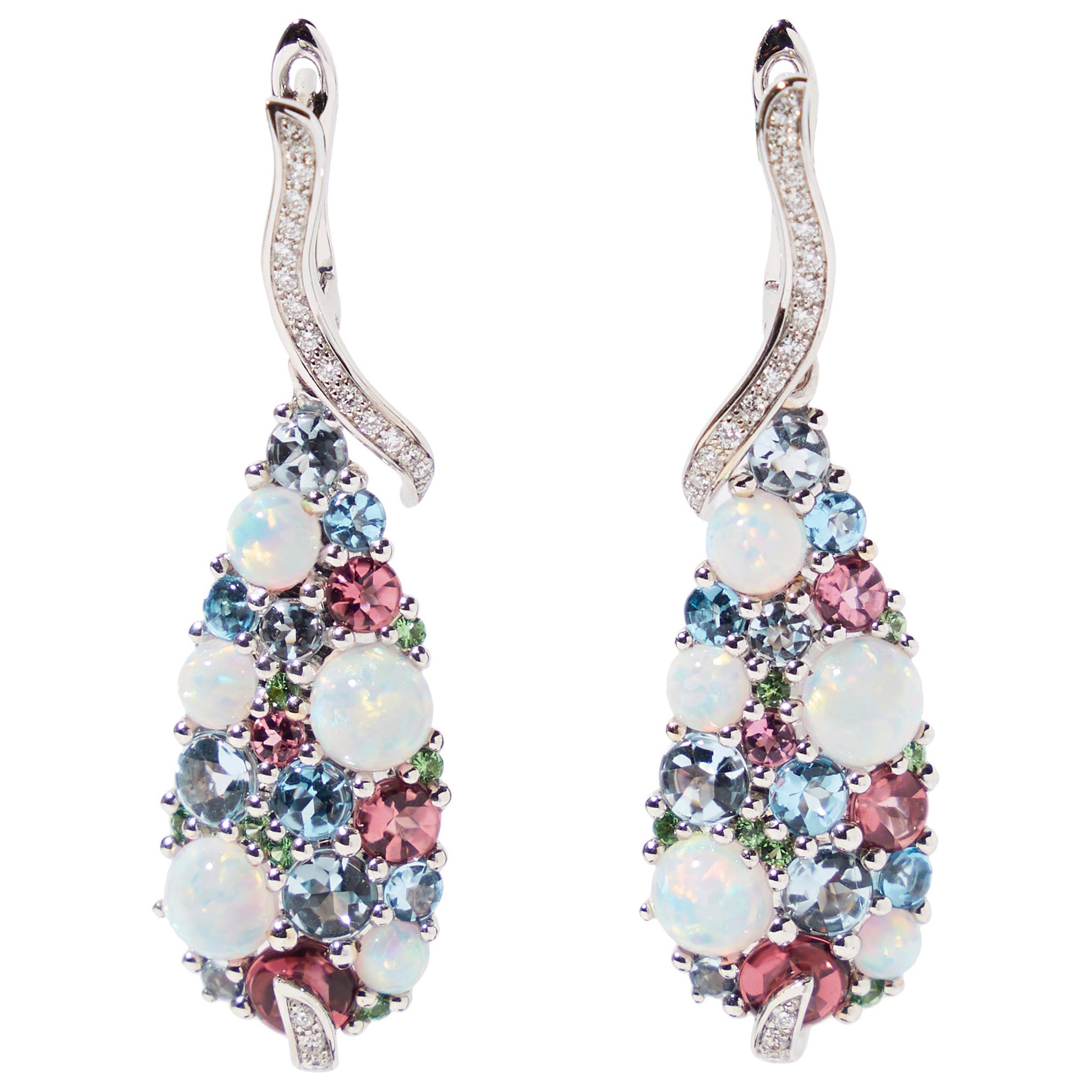 18 karat white gold earrings with opal, tourmaline and diamonds