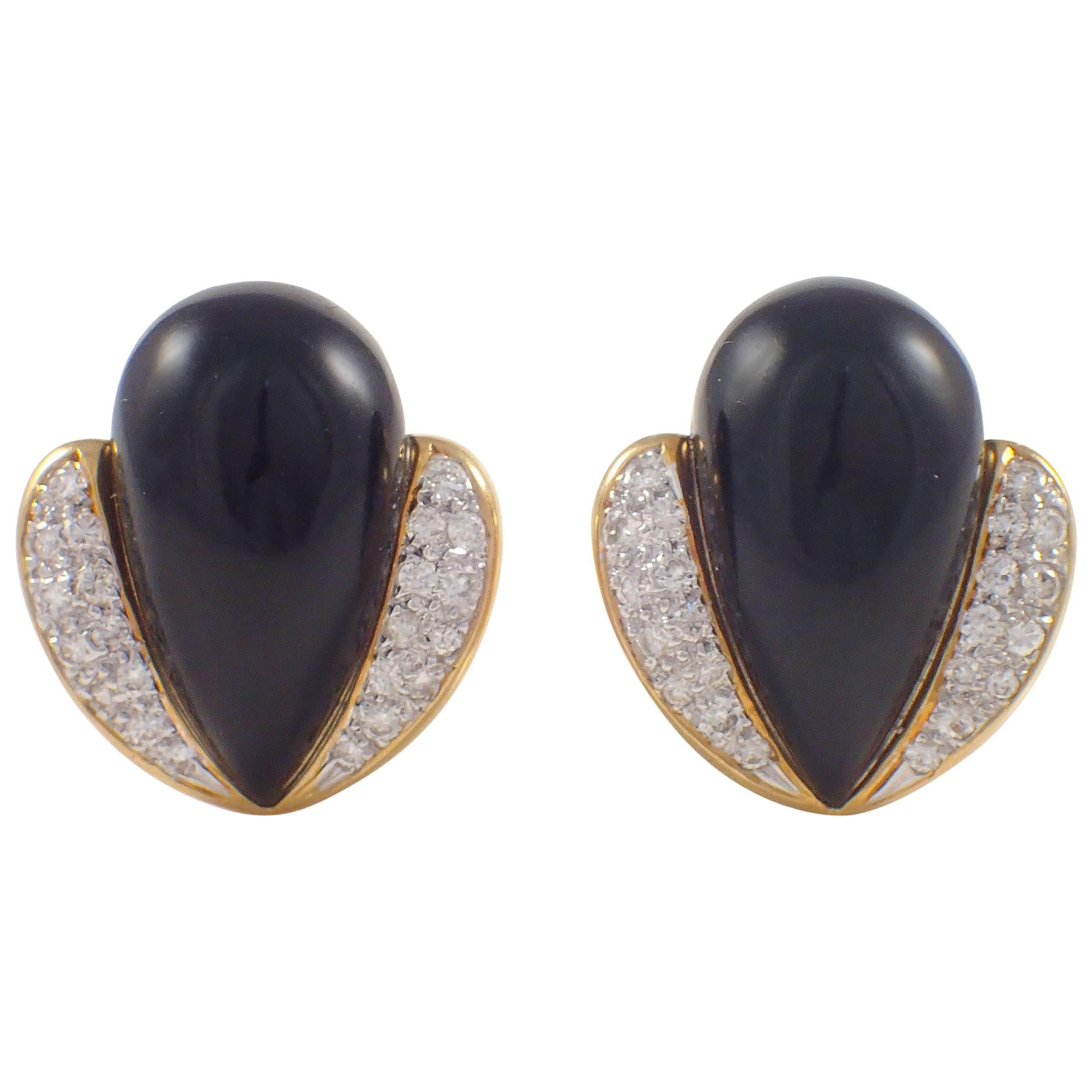 Onyx Diamond Gold Clip Earrings  For Sale