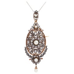 Antique French, Rose Gold, Diamond & Pearl Brooch Pendant, Circa 1850