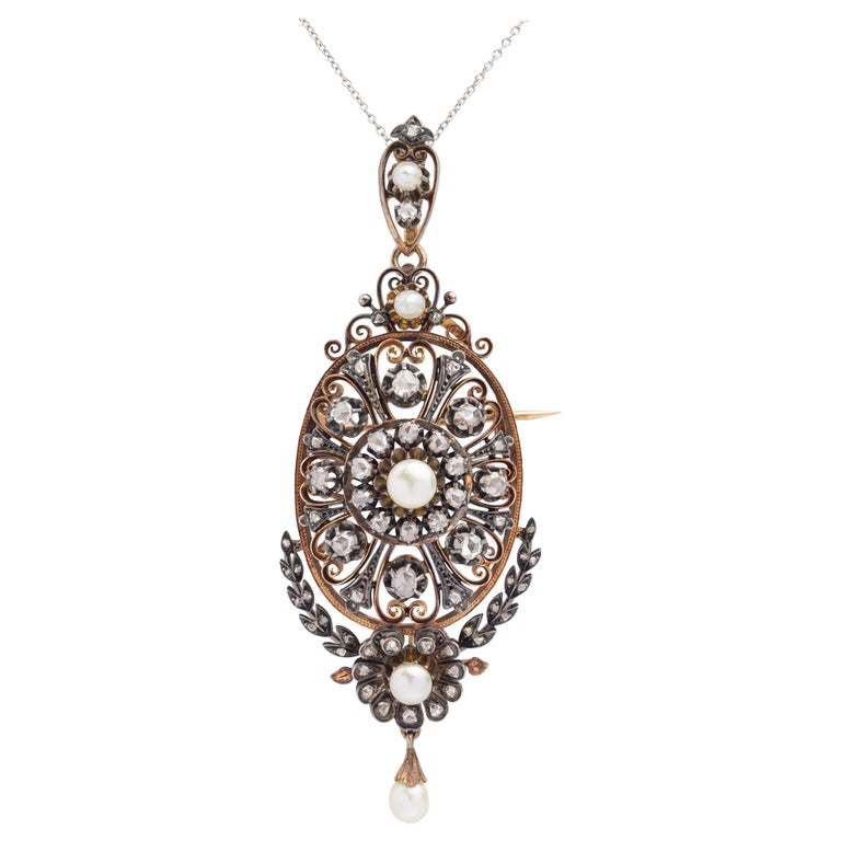 French, Rose Gold, Diamond & Pearl Brooch Pendant, Circa 1850 For Sale