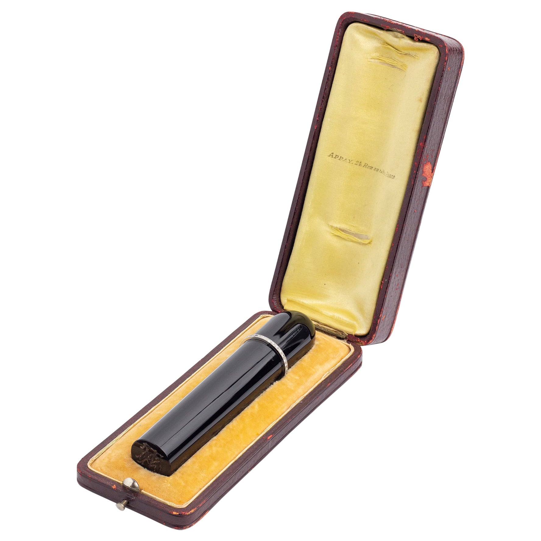 French, Cigar Shaped Onyx Desk Seal with Diamond Collar & Morocco Leather Case For Sale
