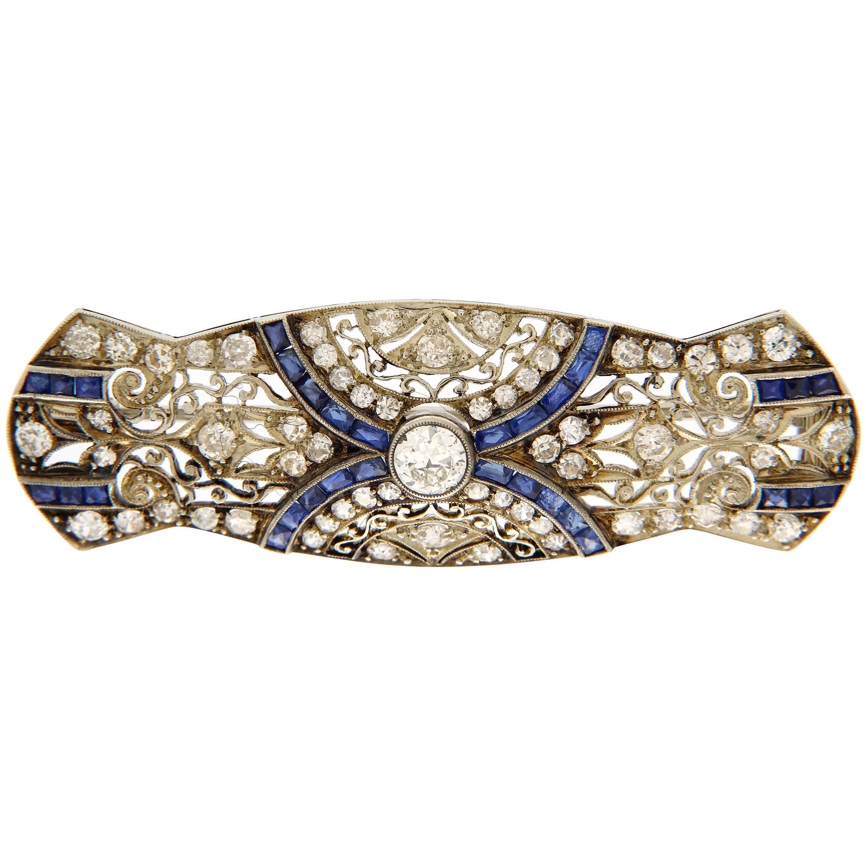 1930s Sapphire Diamond Gold Brooch For Sale