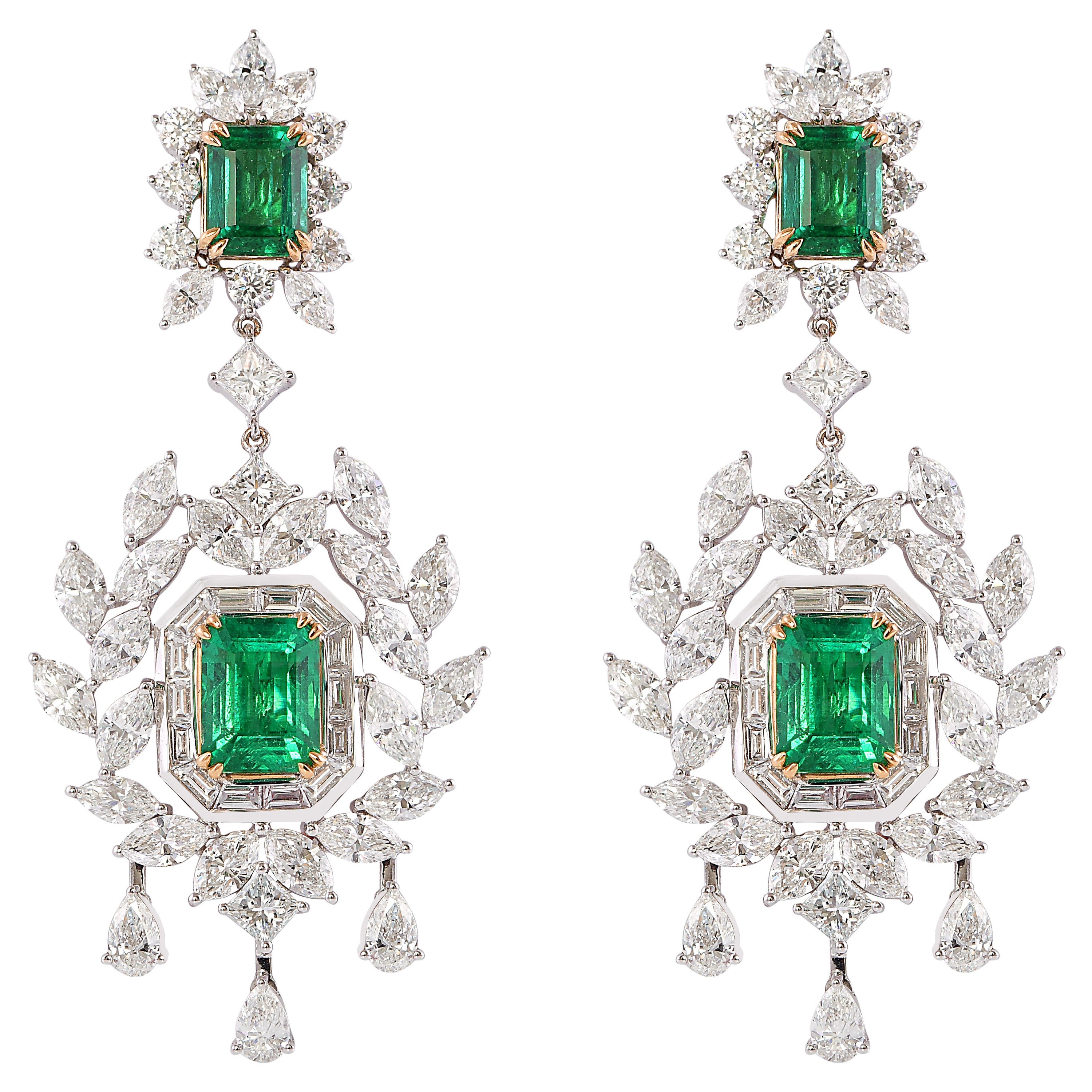 Art Deco Style Emerald and Diamond Earrings in 18 Karat White and Yellow Gold For Sale