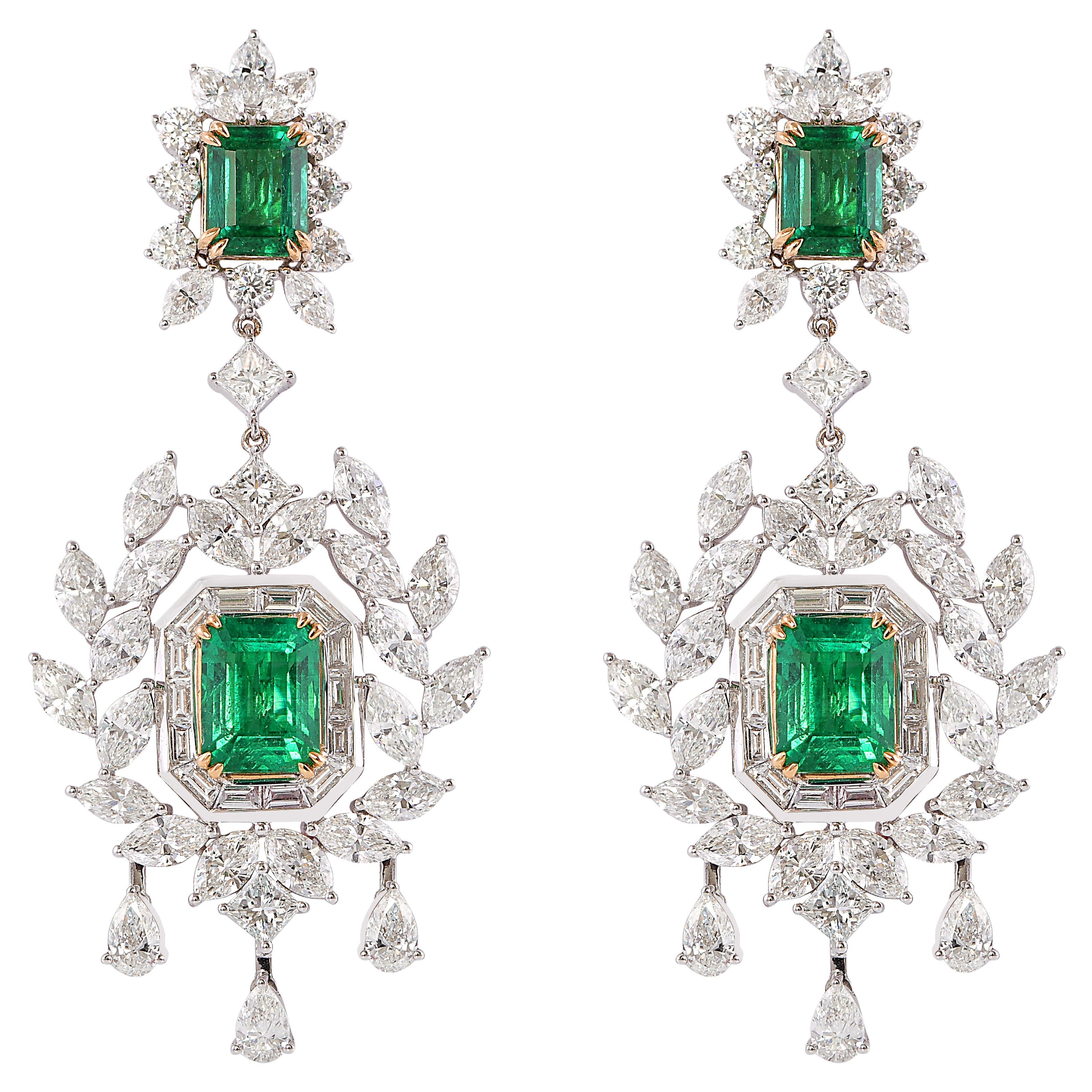 Sunita Nahata Art Deco Style Emerald and Diamond Earrings in 18KWYG For Sale