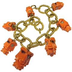 Carved Coral Ruby Diamond Faces Large Gold Link Bracelet