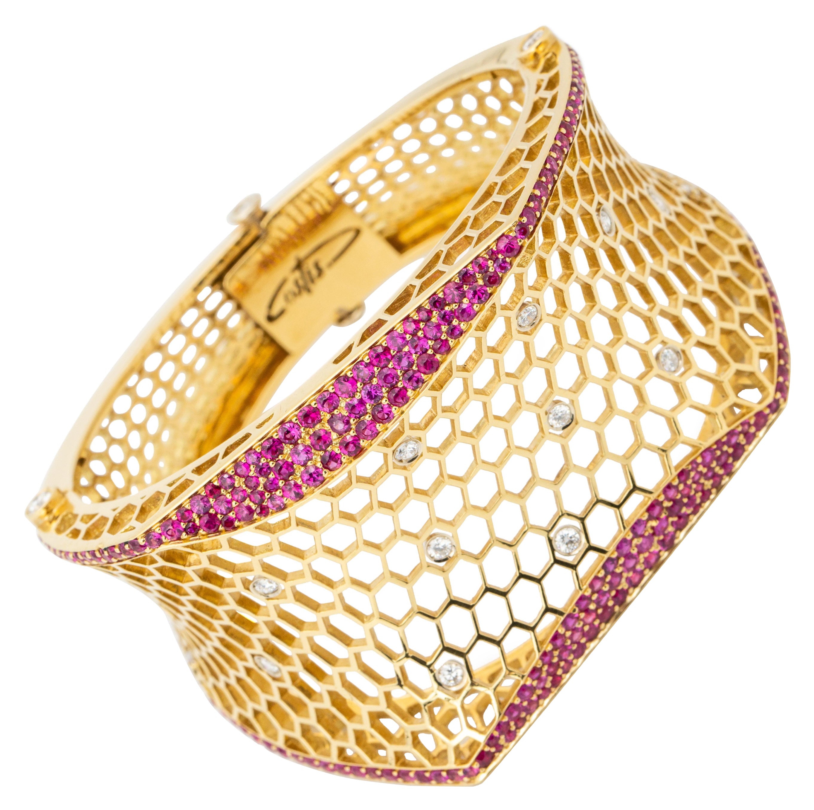 "Costis" Precious Beehive Collection Uneven Bracelet - Diamonds and Burma Rubies For Sale