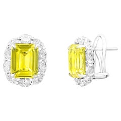 10.09 Carat Emerald Cut Yellow Sapphire Diamond Halo Earring in 18K White Gold