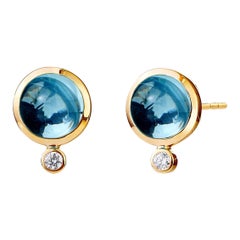 Syna Yellow Gold Blue Topaz Studs with Champagne Diamonds