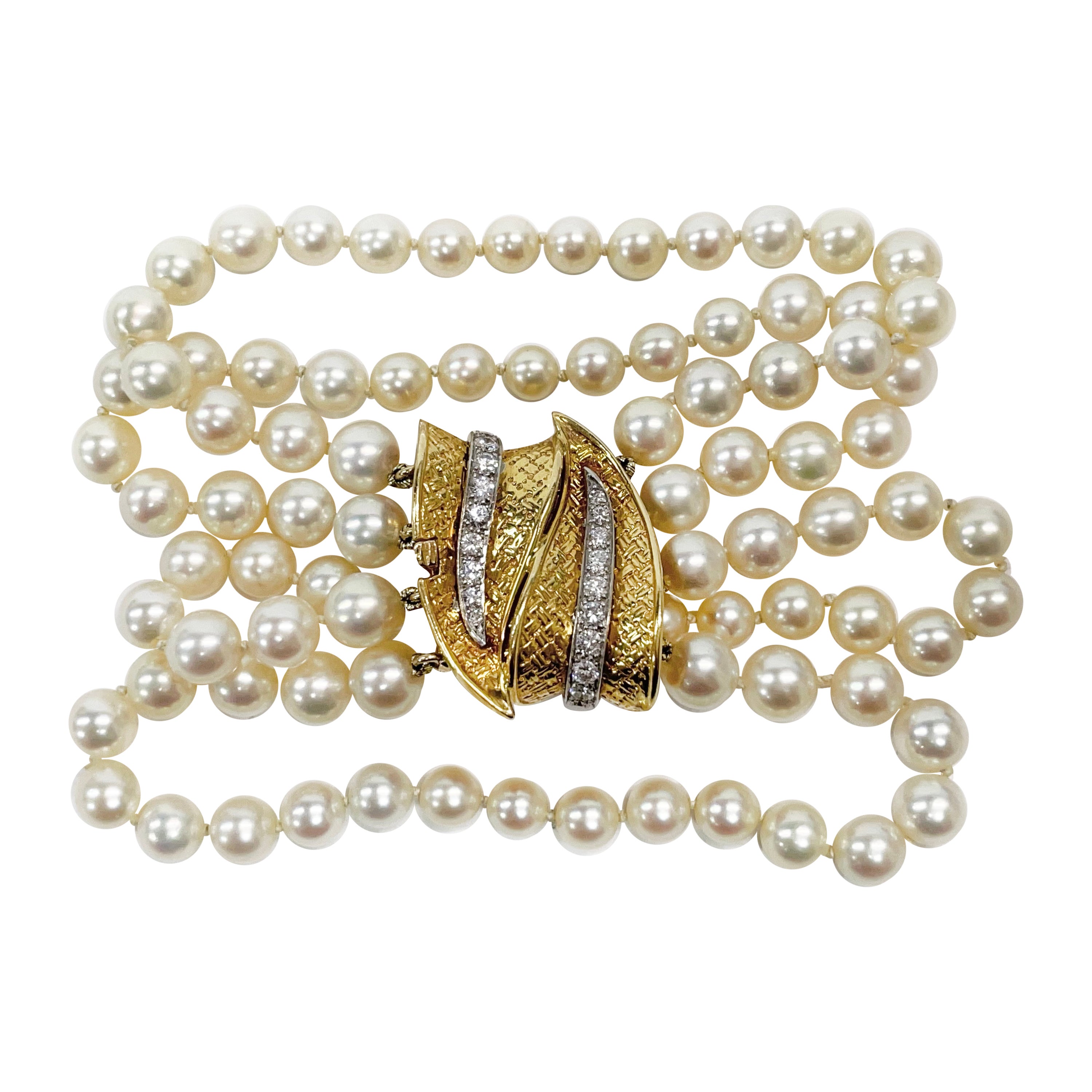 William Ruser Yellow Gold Platinum Four-Strand Pearl Diamond Bracelet