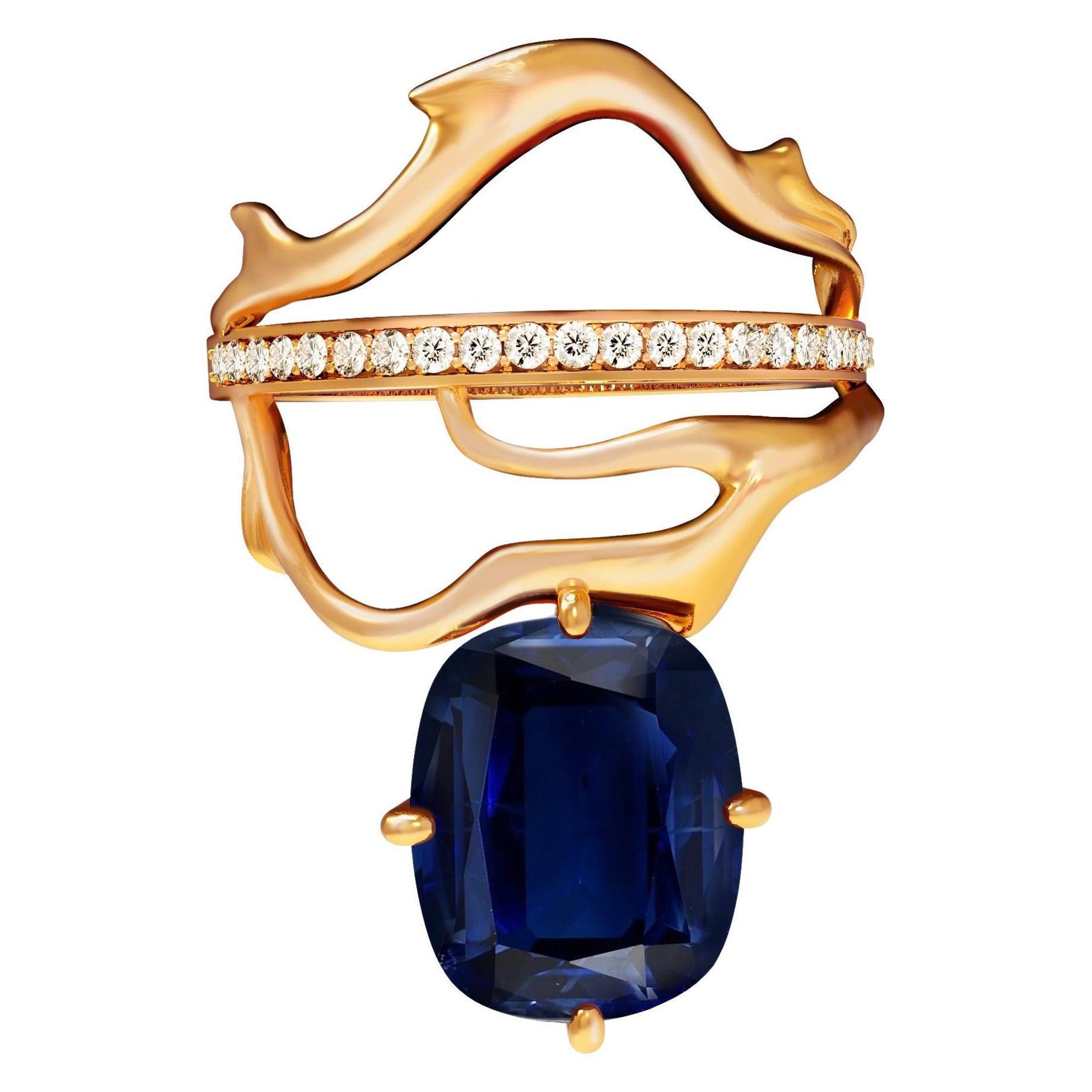Yellow Gold Contemporary Cocktail Ring with Sapphire and Diamonds For Sale