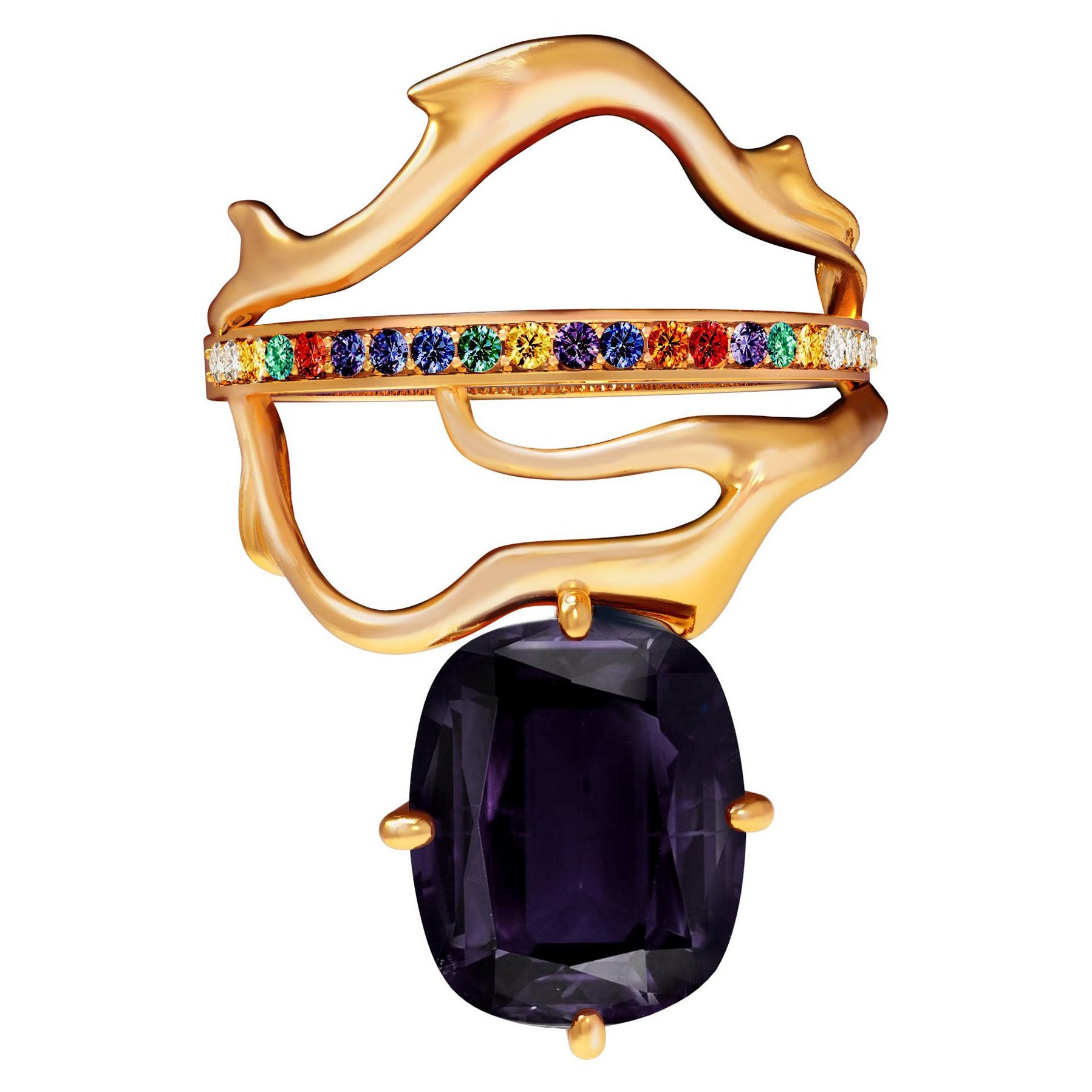 Yellow Gold Contemporary Dimensional Cocktail Ring with Sapphires and Emeralds For Sale