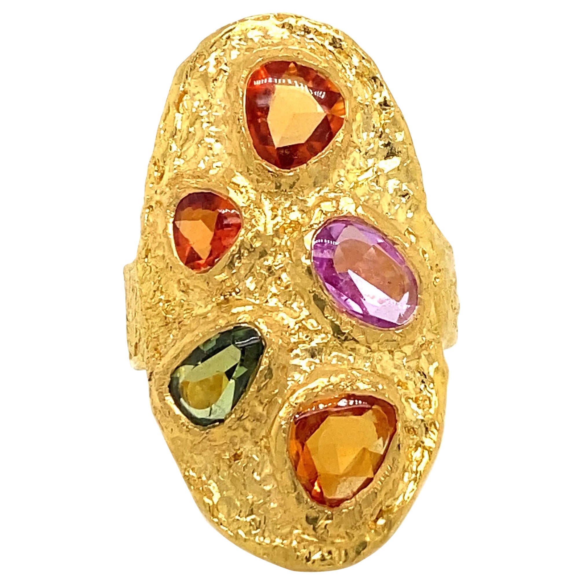 Emilio Jewelry 22 Karat Gold Hand Hammered Ancient Cut Sapphire Ring 