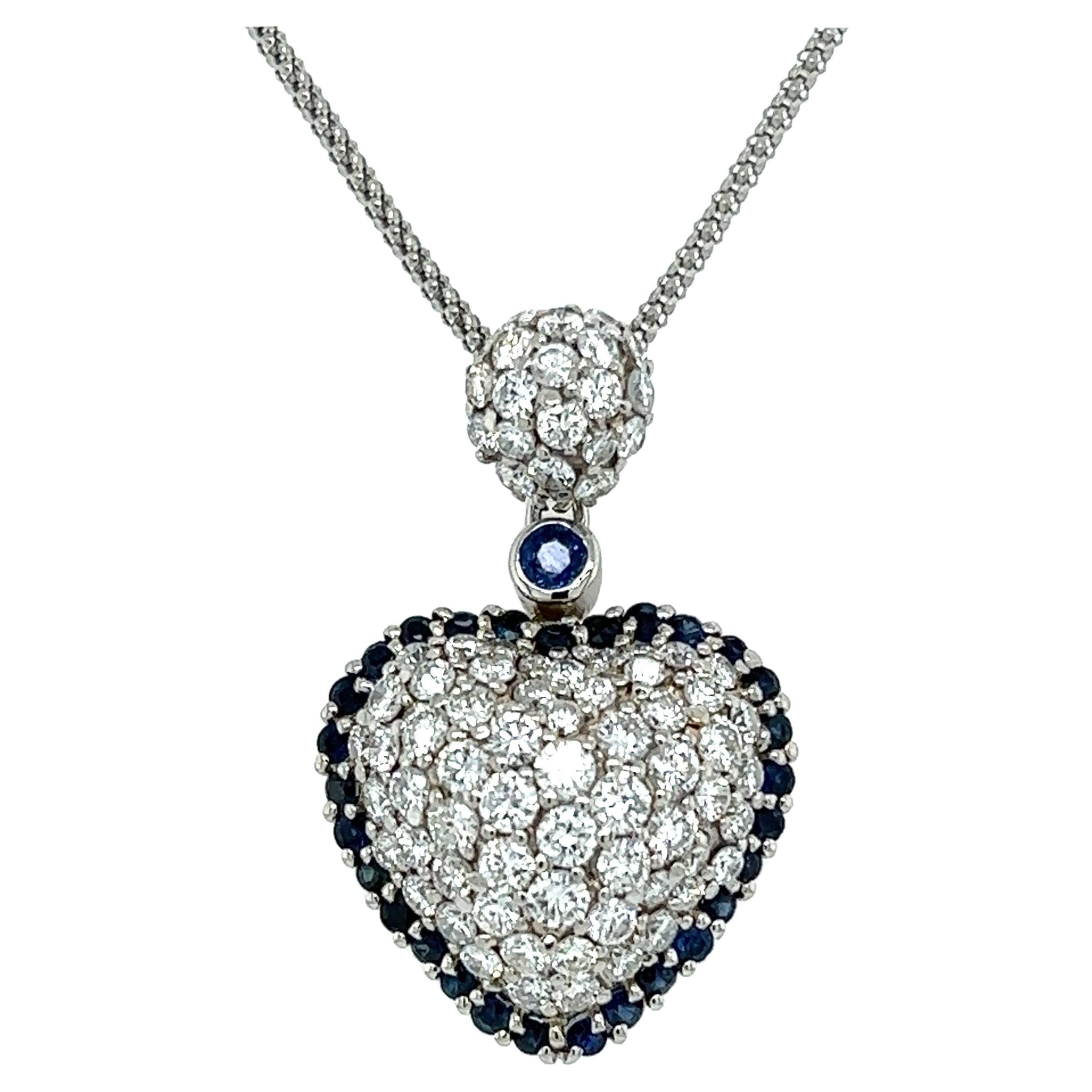 Pave Diamond and Sapphire Halo Heart Pendant Necklace Estate Fine Jewelry For Sale