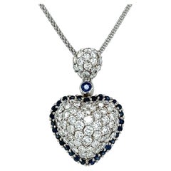 Pave Diamond and Sapphire Halo Heart Pendant Necklace Estate Fine Jewelry