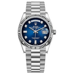 Used Rolex Day-Date White Gold Fluted Bezel Blue Ombre Diamond Dial Watch 128239