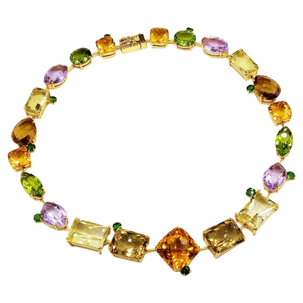 Colourful Semi-Precious Stone Necklace 18K Yellow Gold Champagne Diamond Clasp For Sale