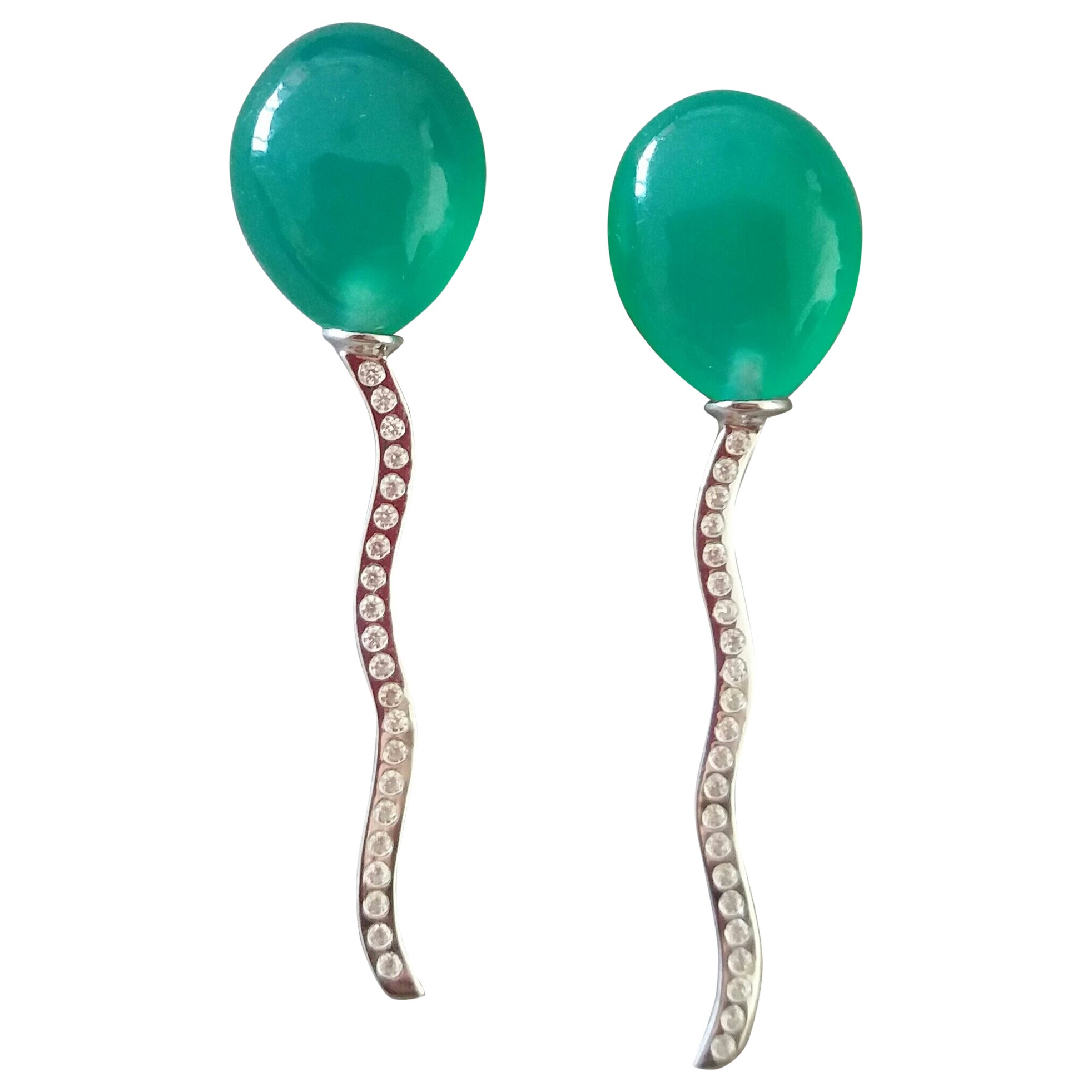 Balloon Style Pear Shape Green Onyx Cabs Diamonds 14k White Gold Stud Earrings For Sale