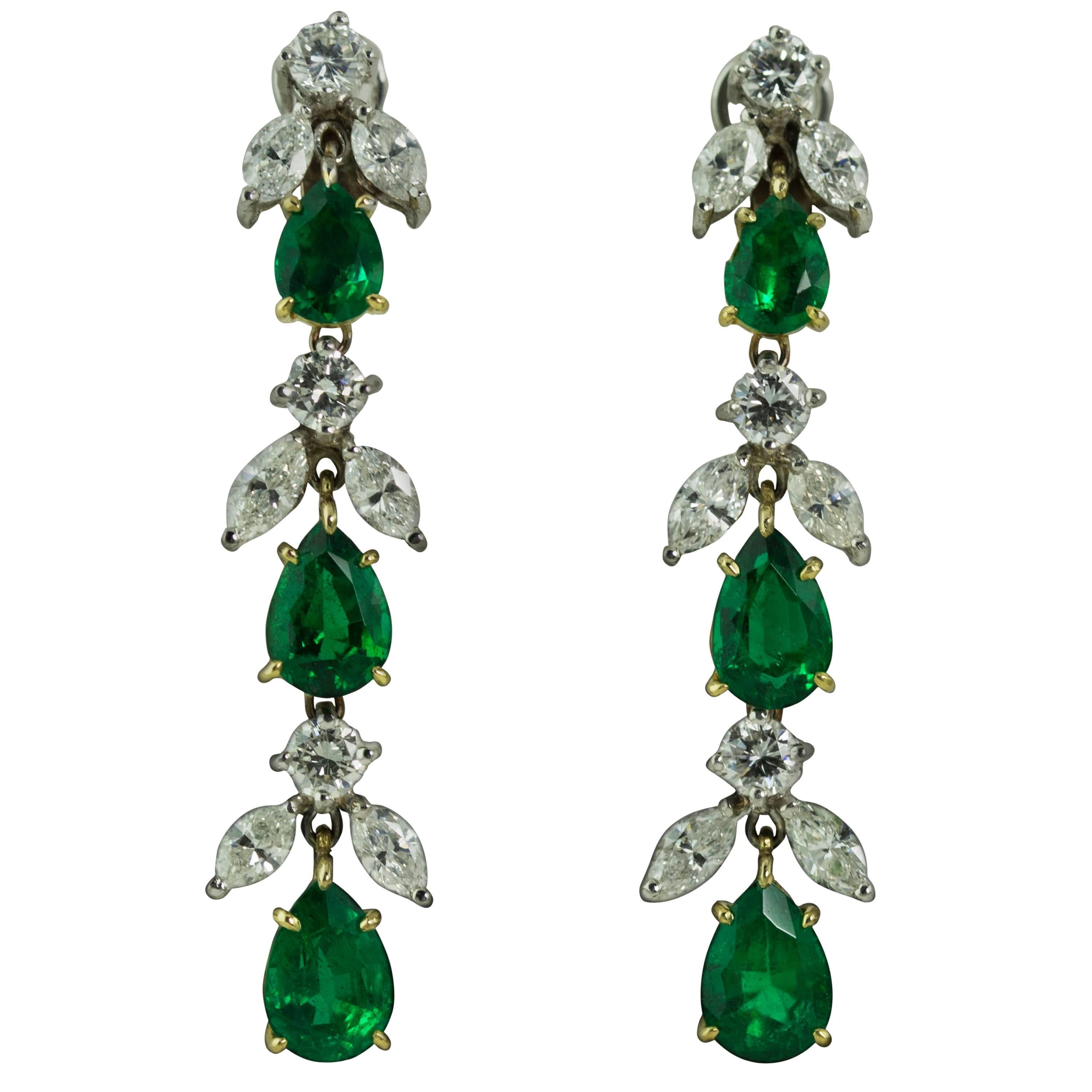 Emerald Diamond Platinum Drop Earrings