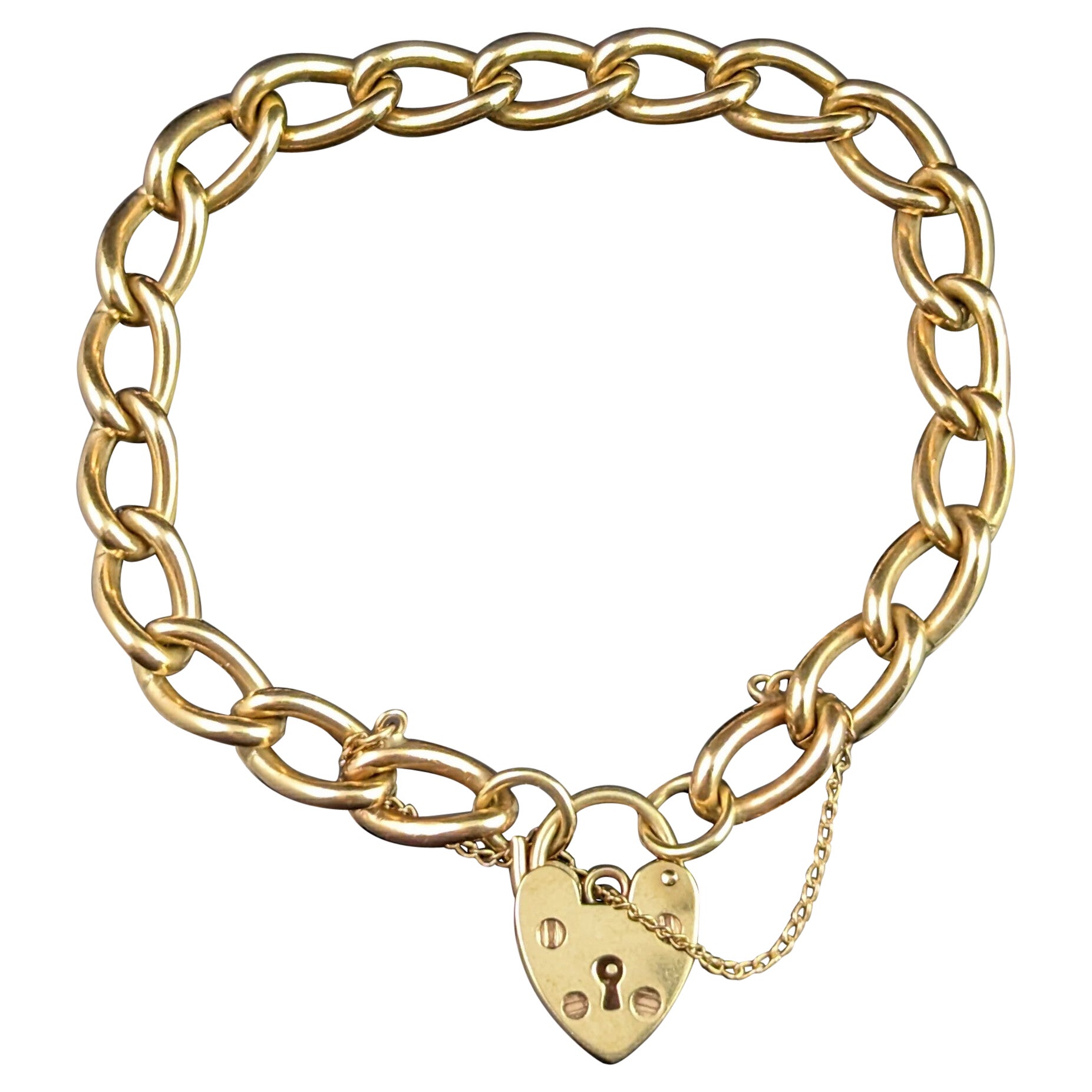 Vintage 9k Gold Curb Link Bracelet, Heart Padlock Clasp