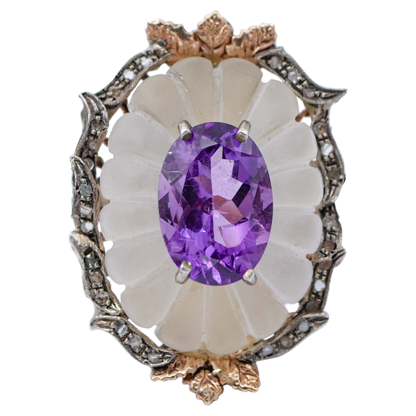 Crystal Rock, Amethyst, Diamonds, Rose Gold and Silver Ring For Sale