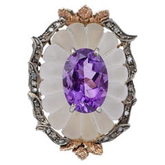 Ring aus Kristallkristall, Bergkristall, Amethyst, Diamanten, Roségold und Silber