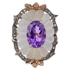 Anello con cristallo di rocca, ametista, diamanti, oro rosa e argento