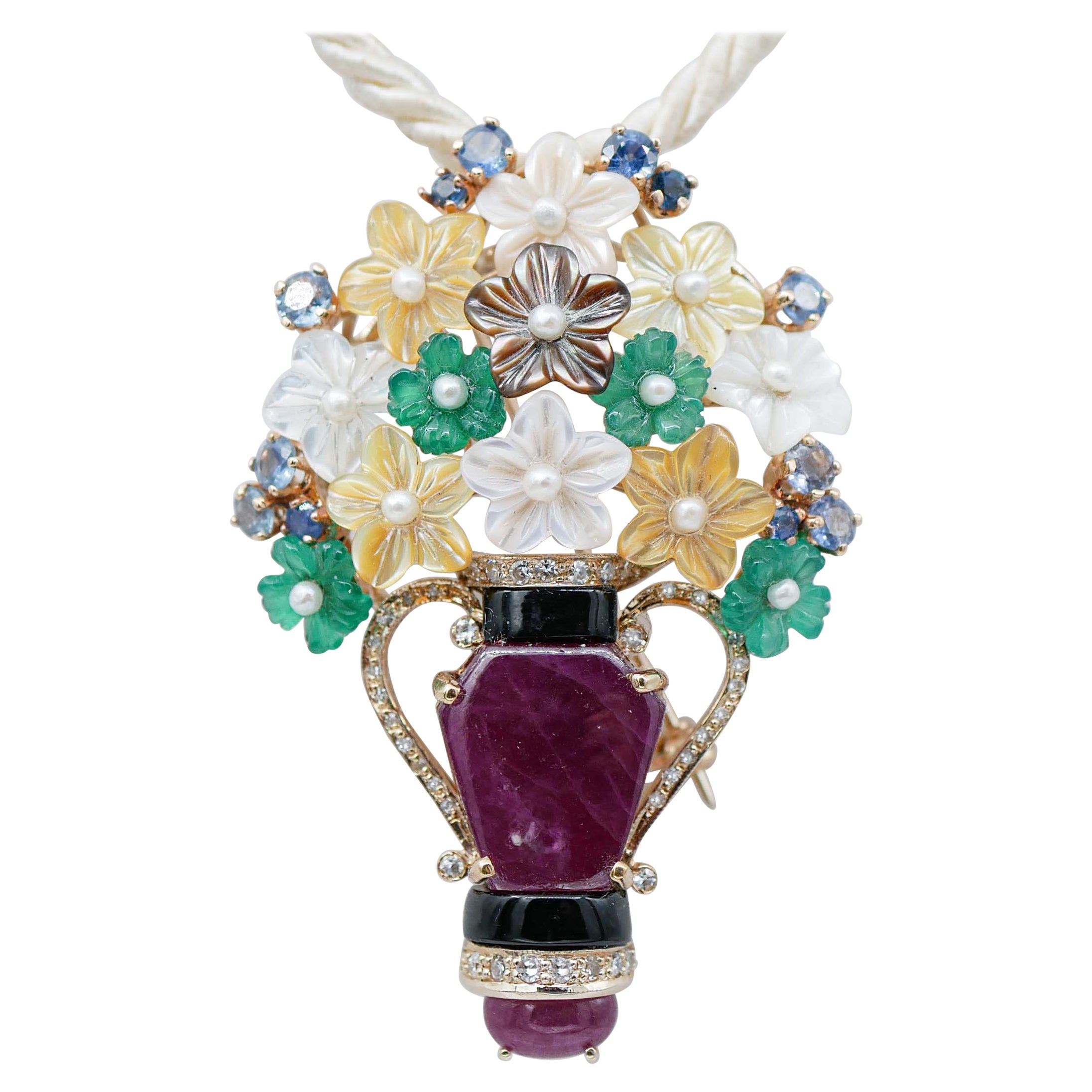 Stones, Agate, Rubies, Sapphires, Diamonds, Pearls, Onyx, Brooch/Pendant For Sale